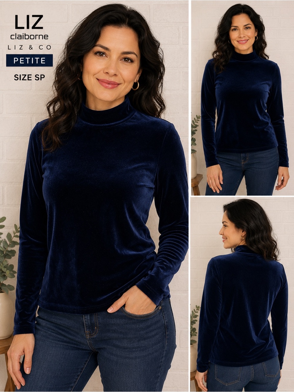 Liz Claiborne Liz & Co Petite Navy Velvet Mock Neck Top Size SP Soft Stretch